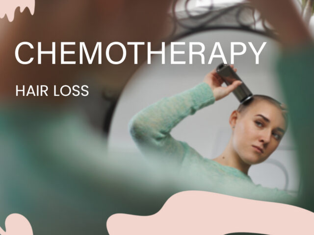 Text saying chemotherapy induced hair loss with women shaving his head in background