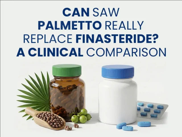 Herbal supplements and blue pills displayed side by side with text "Can Saw Palmetto Really Replace Finasteride? A Clinical Comparison."