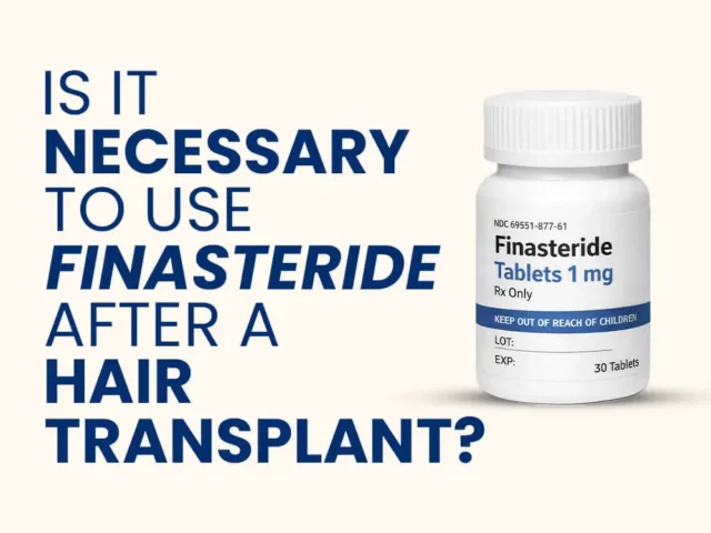 Bottle of Finasteride 1mg tablets with text "Is It Necessary To Use Finasteride After A Hair Transplant?"