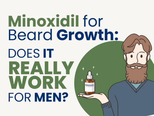 Illustration of a bearded man holding a minoxidil bottle with text "Minoxidil For Beard Growth: Does It Really Work For Men?"