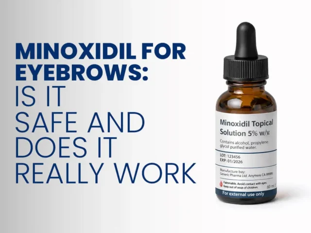 Minoxidil topical solution bottle with text "Minoxidil For Eyebrows: Is It Safe And Does It Really Work