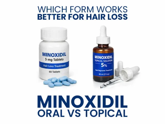 Comparison of Minoxidil tablets and topical solution with text "Minoxidil Oral VS Topical: Which Form Works Better For Hair Loss.