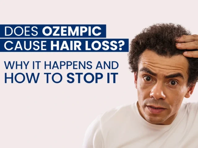 Man with curly hair inspecting his hairline next to text asking if Ozempic causes hair loss, why it happens, and how to stop it.