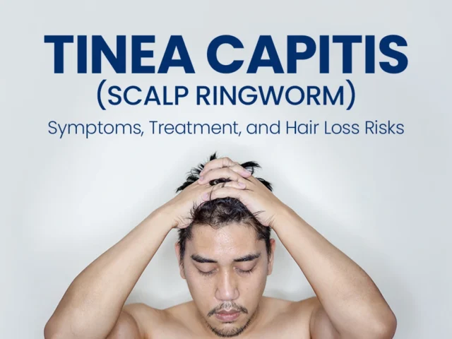 Man holding his head with text "Tinea Capitis (Scalp Ringworm): Symptoms, Treatment, and Hair Loss Risks."